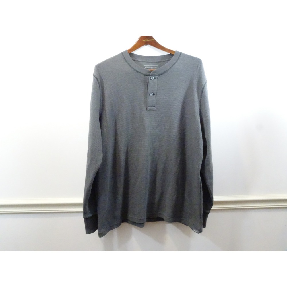 Eddie Bauer Mens XL Gray Waffle Knit Long Sleeve Henley Shirt Cotton Blend